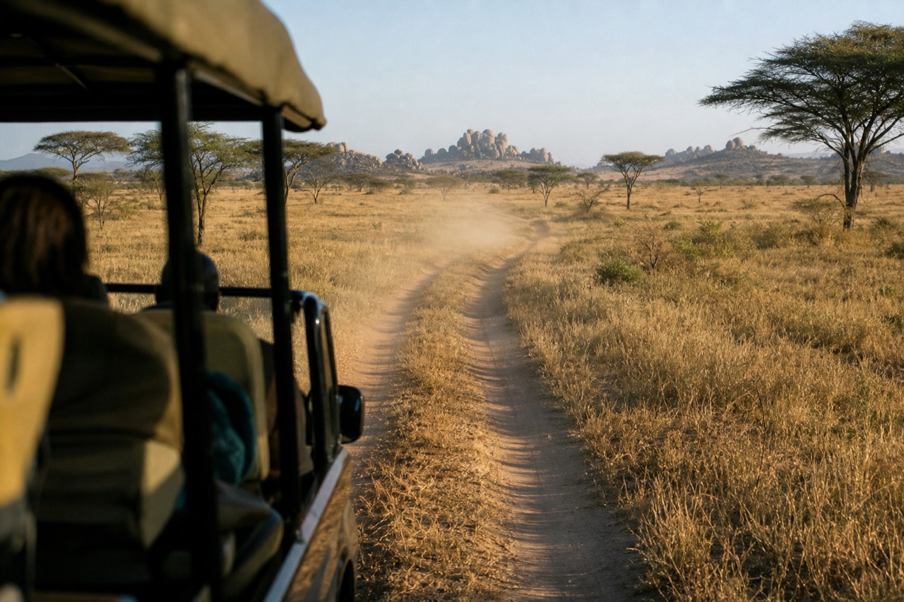 Dust trailing an open safari vehicle on a rutted track across pale grassland at golden hour, flat horizon, scattered flat-topped acacia trees