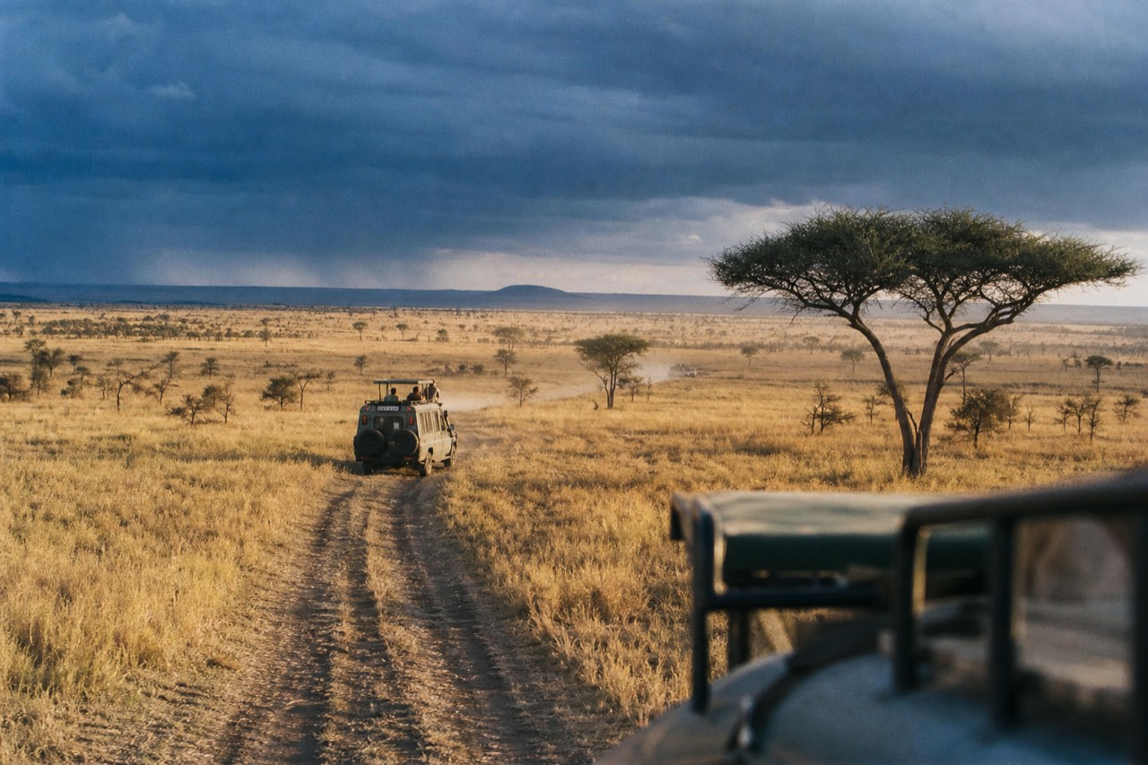 Wide Serengeti plain at first light seen from above, flat-topped acacias casting long shadows across pale grass, faint dust haze on the horizon