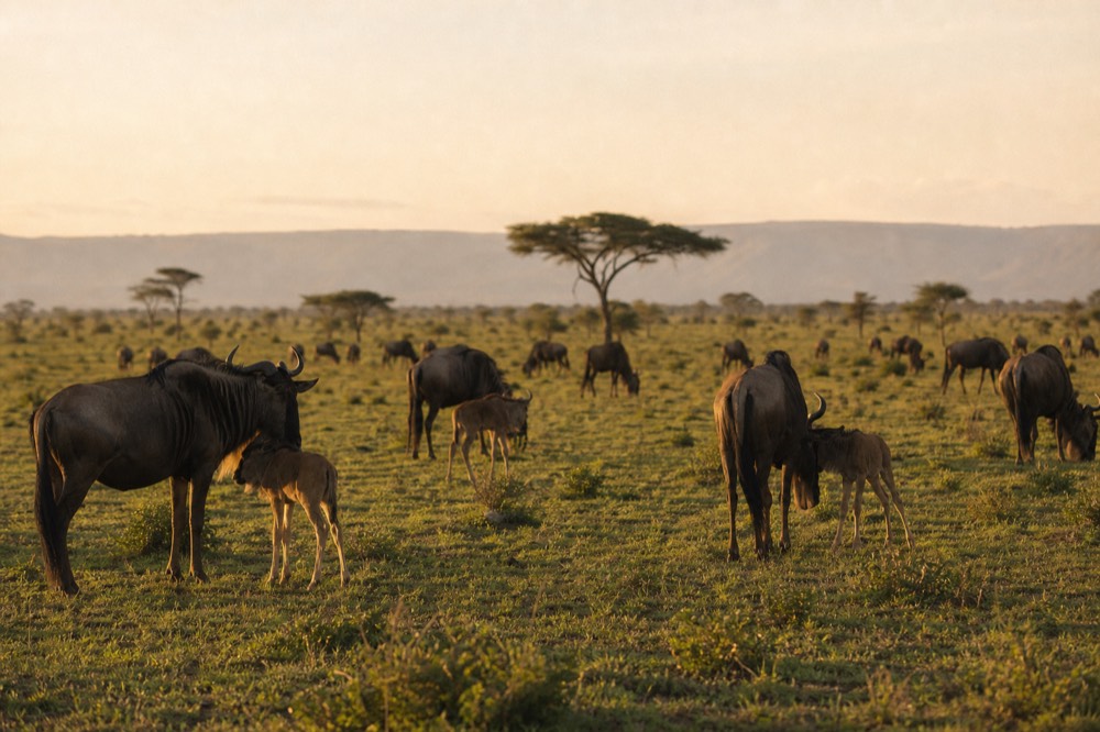 Short green grass on the southern plains after rain, scattered wildebeest with newborn calves standing close, low raking sunlight and a hazy escarpment on the far horizon