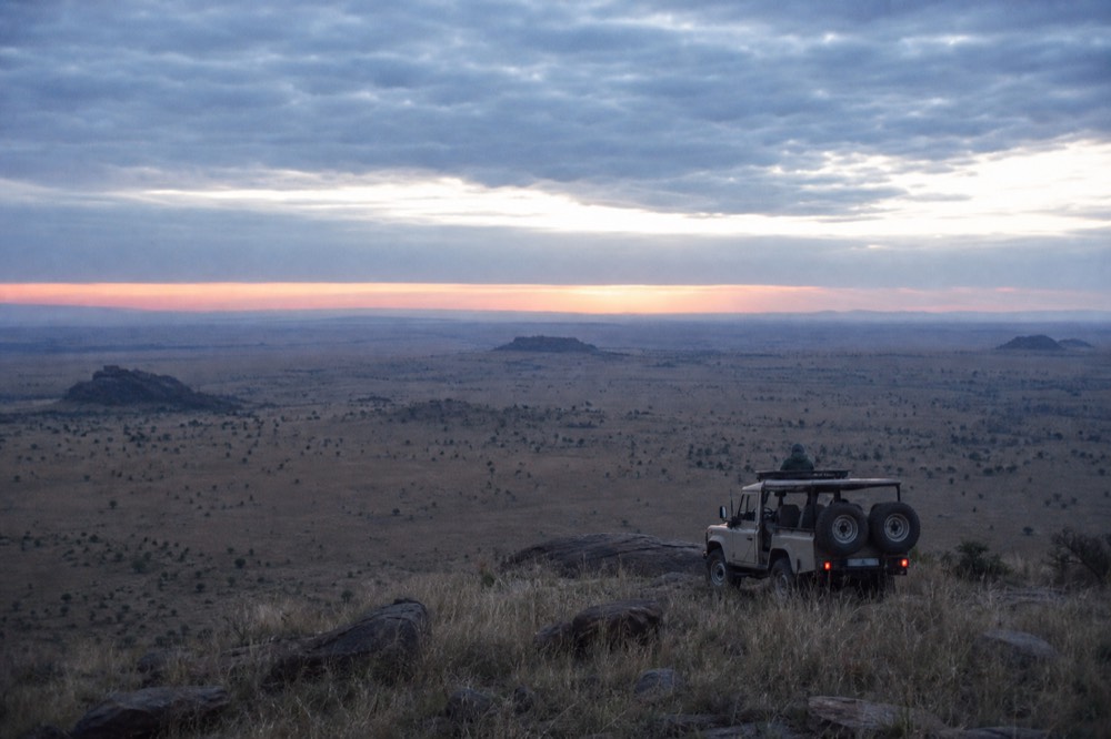 Wide view from high above the plains, gold grassland curving to a hazy horizon with dark granite kopjes standing out like islands